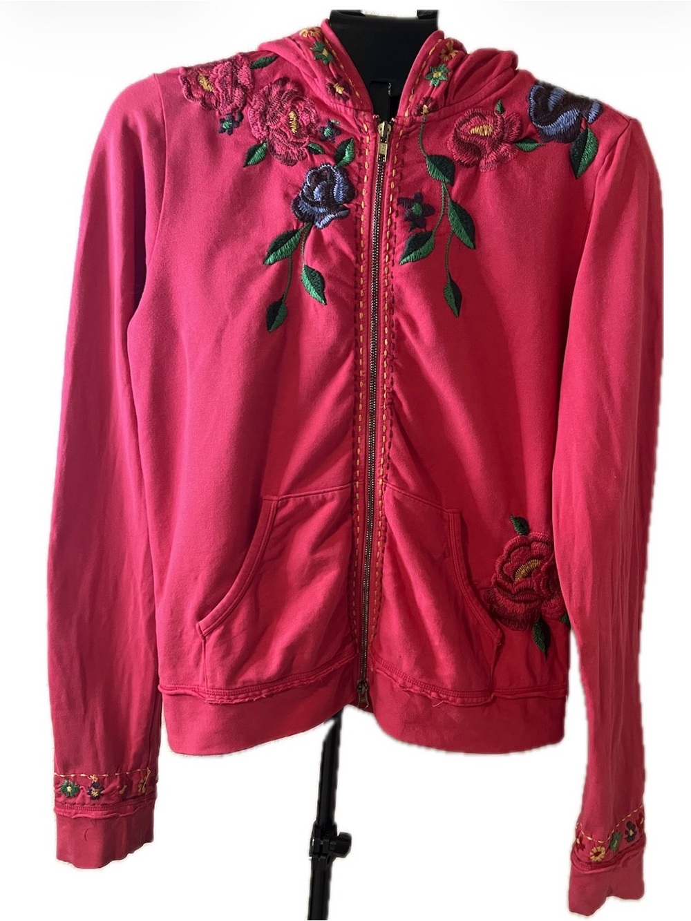 Vibrant Johnny Was Red Floral Embroidered Zip Hoodie Women’s Sz Lg